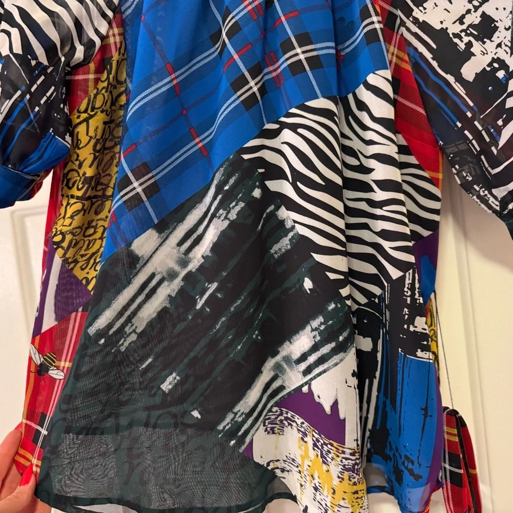 New York & Company Vibrant Red and Blue Patterned Blouse - Picture 3 of 6